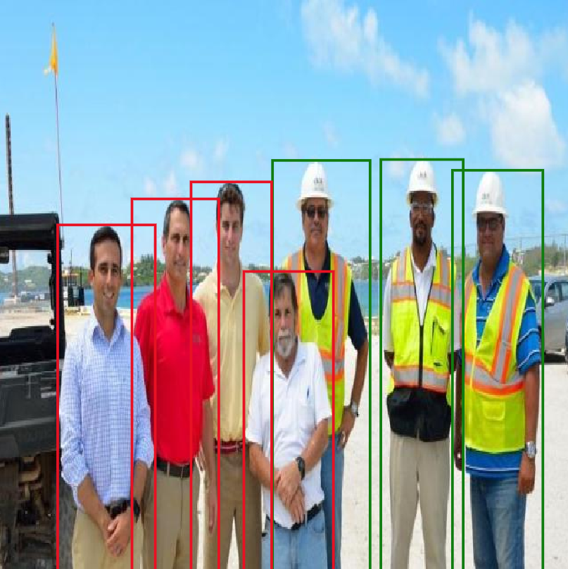 Outdoor site — mixed group: workers with (green) and without (red) safety vests